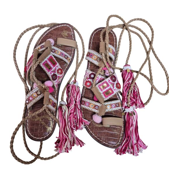 Sam Edelman Red Pink Brown Gretchen Gladiator Tassel Sandals 8 1/2 - Picture 2 of 5